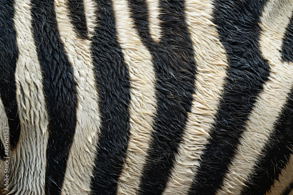 Poster a close up of the back skin texture of a zebra, focusing on its distinctive striped pattern. the bac