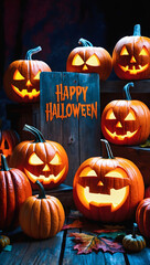 Text Happy Halloween, scary carved glowing pumpkins,  festive background, jack-o-lantern, October 31. holiday, poster, template