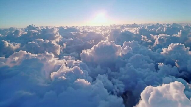 A Sky Filled With Puffy Clouds And Sunlight. An aerial view of a blue sky filled with fluffy white clouds, illuminated by a bright sun. Seamless looping video background animation. Generated with AI