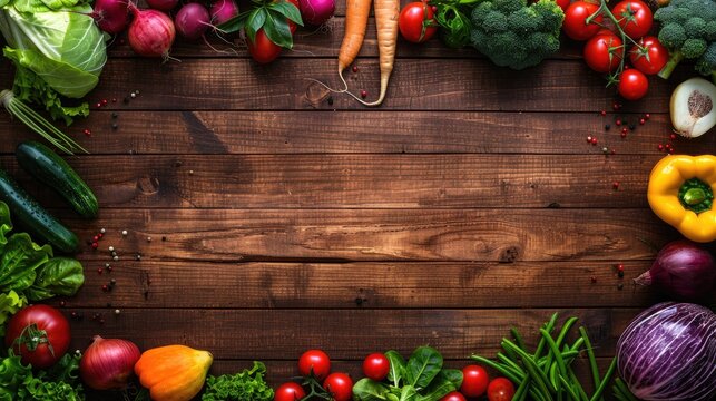 Top view of diverse fresh veggies on wood table with border vibrant vegetable backdrop