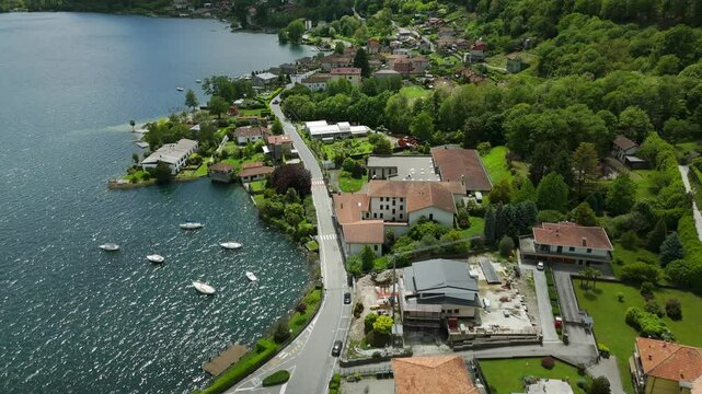 Picturesque Italian Pella town on Lake Orta in Piedmont region of Italy. Aerial view