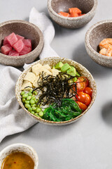 Fresh Tuna, Shrimp, Salmon Poke Bowl Kit with Edamame, Seaweed, and Avocado