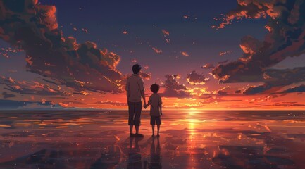 Fototapeta premium A man and a child are standing on a beach at sunset. The sky is filled with clouds and the sun is setting, creating a warm and peaceful atmosphere