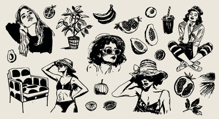 A minimalist collection of hand-drawn vector illustrations of food and beverage girls. Great for social media, posters, postcards, web design