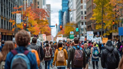 Obraz premium A large crowd of people are walking down a city street, holding signs and protesting. Scene is one of activism and determination