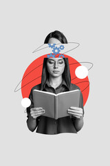 Vertical image young woman read book literature cogwheels nerd smart bookworm prepare exam university class education drawing background