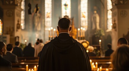 Naklejka premium A man in a black robe stands in front of a church with candles lit. The scene is solemn and peaceful, with the man looking up at the altar. The candles create a warm and inviting atmosphere