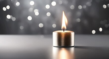 Silver candle burning softly, soft bokeh background with copy space, spa and wellness visuals. Minimalist festive burning candle for relaxation and meditation themes, peaceful ambiance footage
