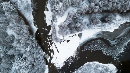 Aerial view of Lover's Leap in Elora, Ontario, covered in snow
