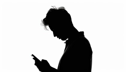 A man is looking at his cell phone. The image is in black and white and the man is the only visible object. Scene is somewhat lonely and introspective