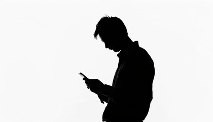 A man is sitting and looking at his cell phone. The image is in black and white and the man is the only visible object. Scene is somewhat lonely and introspective