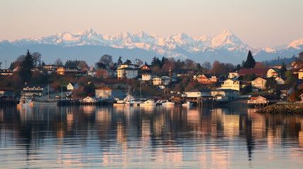 Fototapeta premium Bremerton, a city in Washington state, has a beautiful harbor and stunning views of the Olympic Mountains.