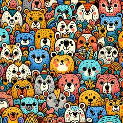 Obraz premium Bear Doodle Art Cartoon. Various bears with expressive faces in a crowded pattern