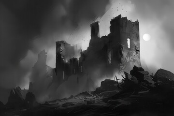 Dark Desolate Castle Ruins Under a Full Moon