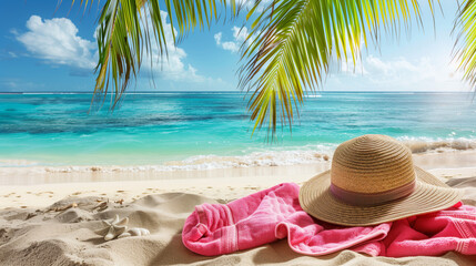 Beach accessories straw hat, towel on sunny tropical Caribbean beach with palm trees and turquoise water, caribbean island vacation, hot summer day