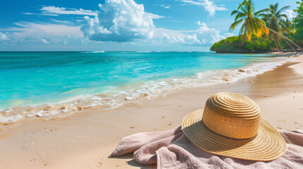 Beach accessories straw hat, towel on sunny tropical Caribbean beach with palm trees and turquoise water, caribbean island vacation, hot summer day