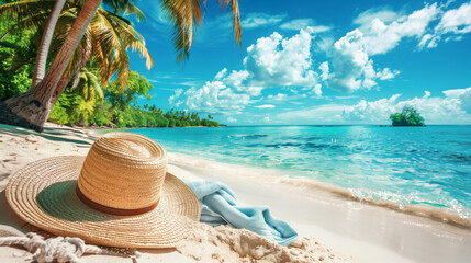 Beach accessories straw hat, towel on sunny tropical Caribbean beach with palm trees and turquoise water, caribbean island vacation, hot summer day
