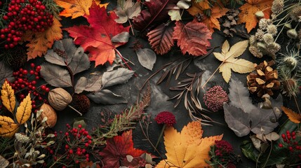 Arrangement of autumn foliage and dried flowers from above