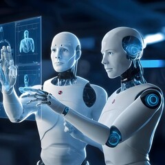 Naklejka premium Human and Robot Collaborating on Holographic Medical Display