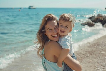 Naklejka premium Joyful beach day for mother and son.