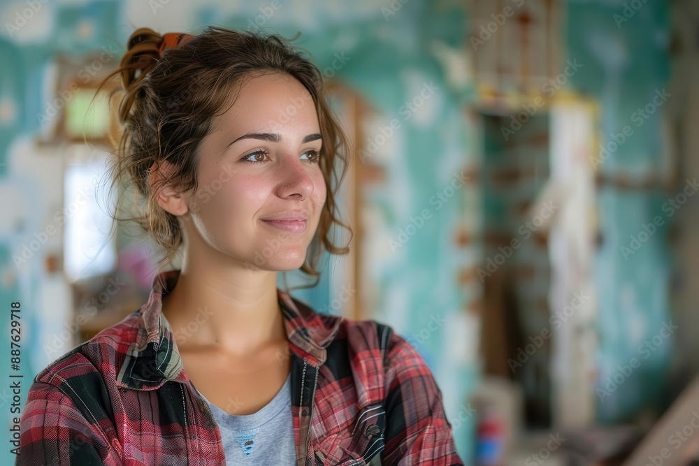 Wall mural a young woman with a hopeful expression looks towards the future in a room under construction.