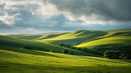 Obraz premium Gentle rolling hills covered in green grass and dotted with old-fashioned windmills, under a partly cloudy sky with sunlight breaking through