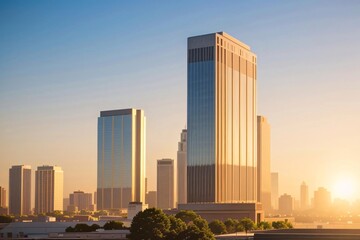 Naklejka premium Modern office buildings pierce a fiery urban sunset, casting long shadows across the bustling cityscape