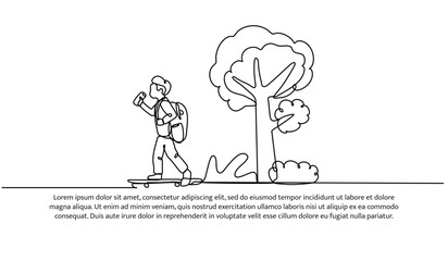 Obraz premium Continuous one line design of coming home from school play skateboarding. Minimalist style vector illustration on white background.