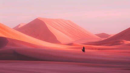 Vast, rolling sand dunes of a desert, bathed in the soft, pink light of dawn, with a clear sky and the silhouette of a lone traveler on a camel in the distance