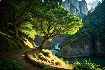 A scenic landscape photo of a winding river flowing through a lush green forest with towering trees under a clear blue sky