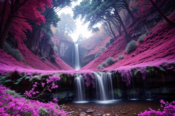 Waterfalls cascading through lush green forest, tumbling over mossy rocks in a breathtaking natural landscape