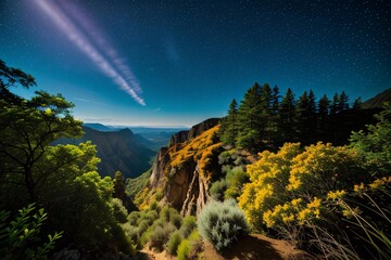 Panoramic landscape with rainbow over mountains and forest, sun shining through clouds