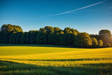 Golden rapeseed fields under a clear blue sky, a rural landscape bathed in the warmth of spring