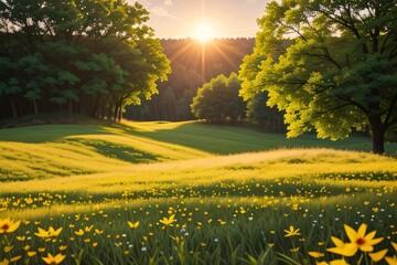 Field of spring flowers in a park bathed in the warm glow of a setting sun