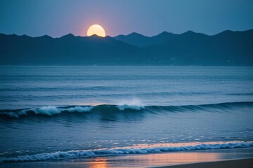 Golden hues paint the sky as the sun dips below the horizon, casting long shadows across the tranquil ocean