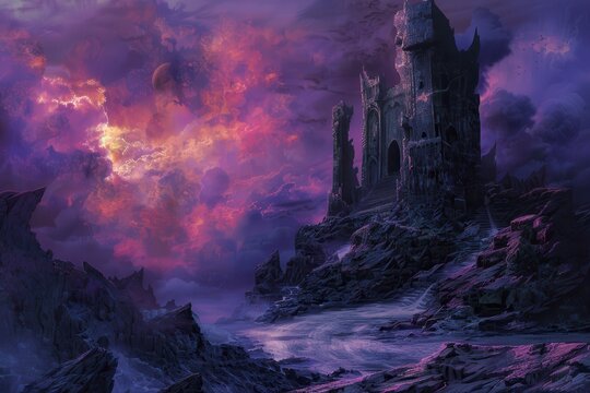 Mystical castle ruin under a stormy sky with a full moon