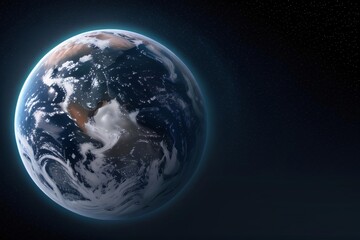 A blue marble, Earth, hangs in the vast blackness of space, its continents and oceans bathed in sunlight