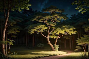 Towering trees stand silhouetted against a twilight sky in a peaceful forest landscape