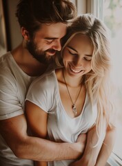 Happy Couple Embracing by Window