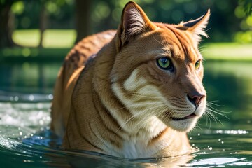 A close-up portrait of a majestic tiger, its striped fur glistening as it emerges from cool water