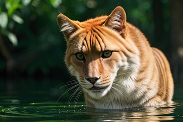 A powerful Bengal tiger with striking stripes cools off in a jungle stream