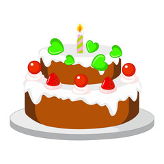 Vector illustration of a birthday cake, cakes and cupcakes, candles and decorations. Layered cakes with icing and cream insulated with burning candles. Chocolate and vanilla pastries with cream hearts