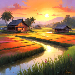 Vibrant oil on canvas, capturing the warm hues of a sunset at the serene rice fields near a quaint village, where rustic wooden houses seemingly blend into the lush greenery. Soft, feathery brushstrok