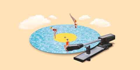 Contemporary art collage. Swimmers in vintage swimsuits performing on vinyl record that resembles...