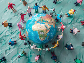 A globe surrounded by people of different ethnicit  067 globe, earth, world, planet, map, global,...