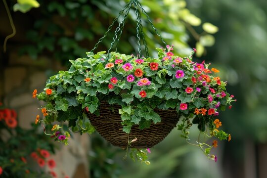 A beautiful hanging basket overflowing with trailing ivy and colorful flowering plants, swaying gently in the breeze