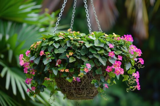 A beautiful hanging basket overflowing with trailing ivy and colorful flowering plants, swaying gently in the breeze