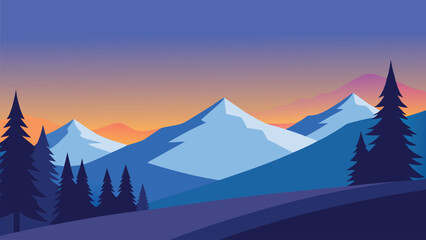 A nighttime mountain landscape with tall trees and towering mountains in the background flat vector illustration