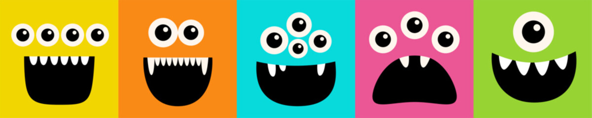Happy Halloween. Cute monster face head set line banner. Five square monsters. Spooky Smiling Boo screaming sad face emotion. Eyes, teeth fang, open mouse. Flat design. Colorful background. Vector © worldofvector