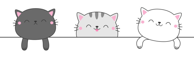 Peeking cat set hanging on white paper. Kittens with hands. Paw print on the table. Line contour silhouette. Funny Kawaii pet animal. Cute cartoon baby character. Flat design. White background. Vector